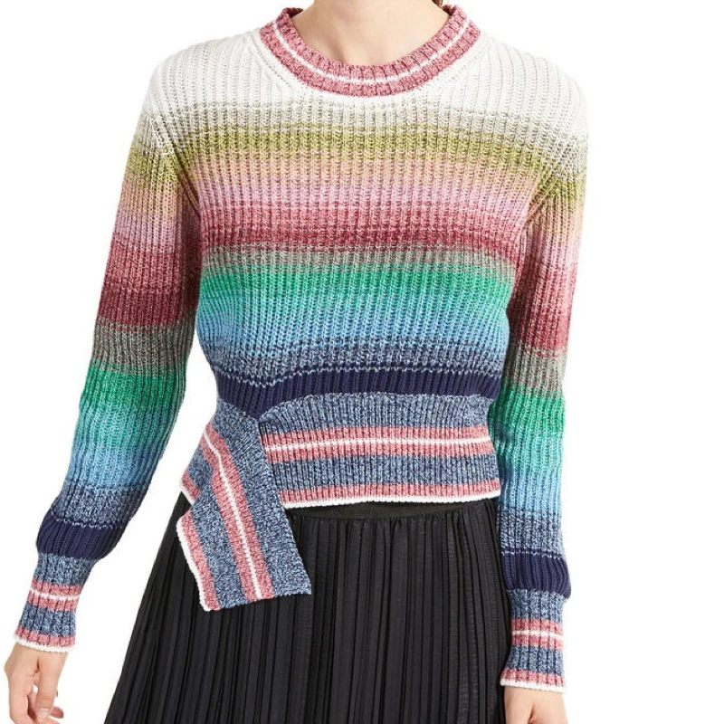 

Split Gradient Sweater 2019 Early Autumn New Irregular Hem Rainbow Color Pullover Sweater
