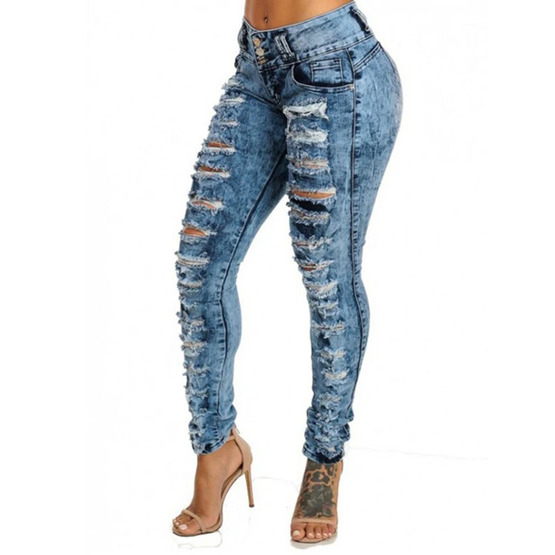 2019 new fashion casual commute hole high waist small feet buttonhole jeans women's clothing C0802