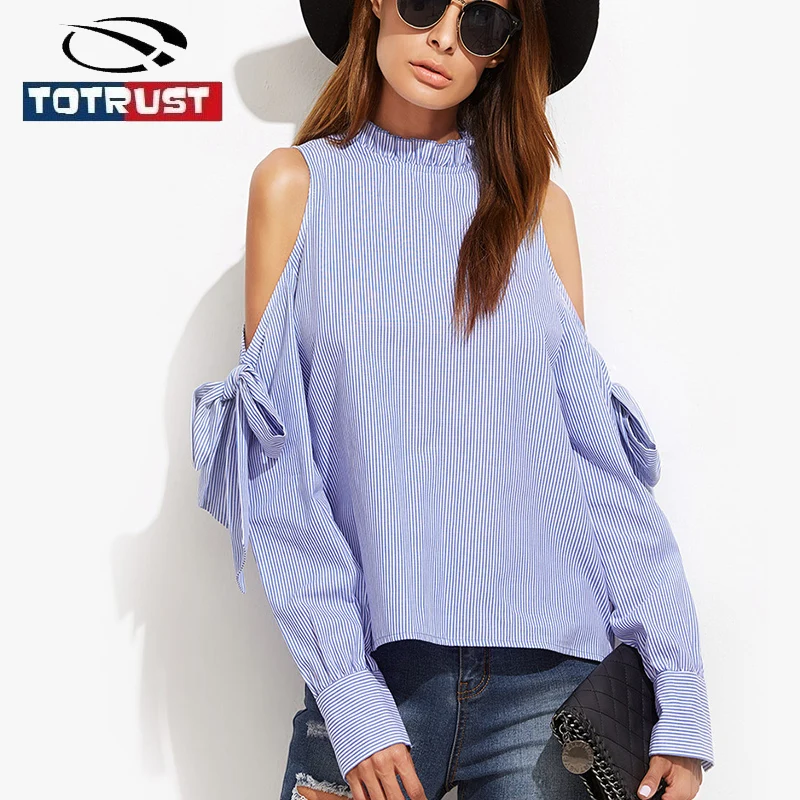 Stripe Blouse Women 2017 Fashion Off Shoulder Bow Tie Long Sleeve Blouse Women High Neck Tops Sexy Blusas Femininas Casual Shirt