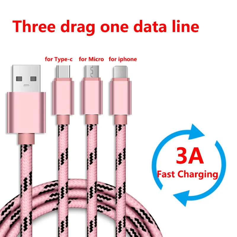

One tow three cell phone data line 3A current support fast charging 1.2m long USB charging line suitable for type-C for iPhone