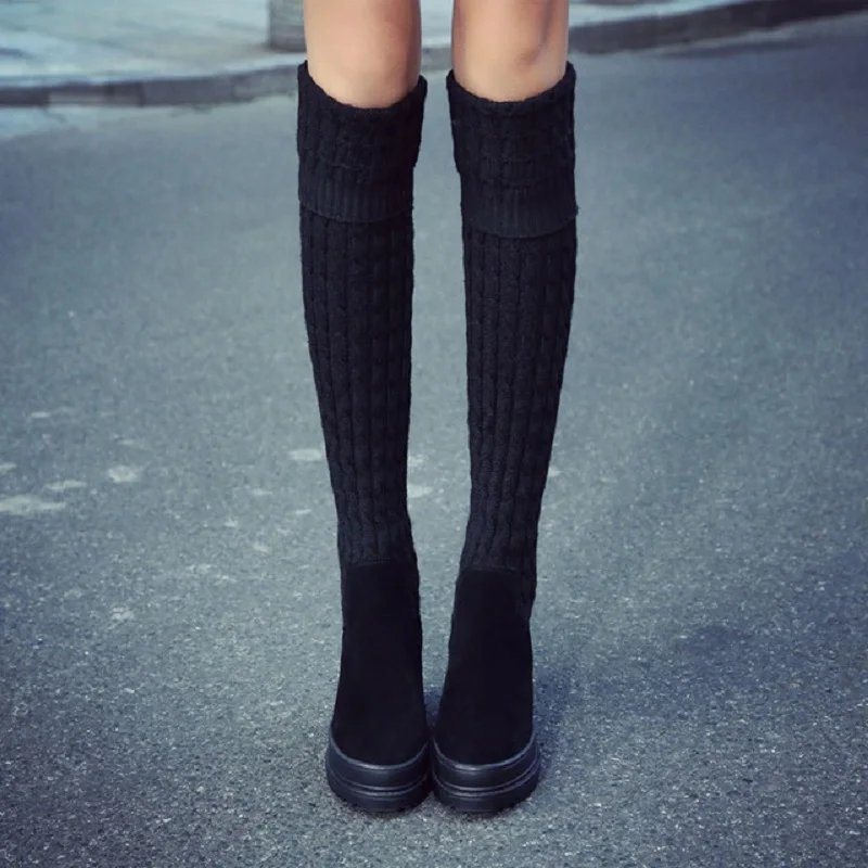 

European Station 2018 new leather boots autumn and winter wool over knee boots round head wear more boots increased