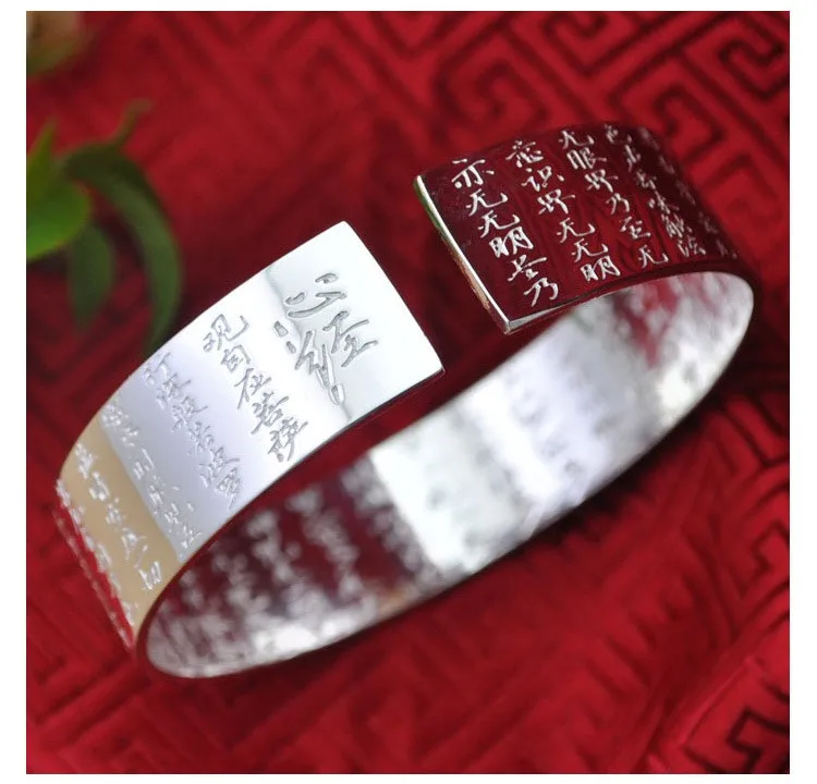 Дешевые Открытые широкие серебряные манжеты браслет для женщин китайские буддийские Писания Будда ручной ювелирные изделия Bracciale Uomo SB024