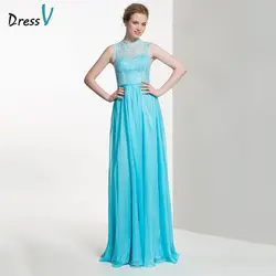 DressV Синие Длинные платье подружки невесты Линия Jewel Средства ухода за кожей Шеи Кружево без рукавов шифон Custom Наряды на свадебную вечеринку