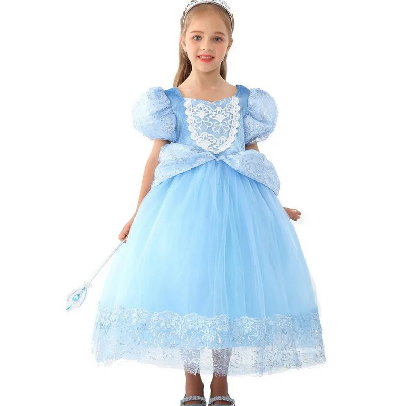Платье принцессы Золушки для девочек; детское платье Nall; платье королевы синего цвета на Хэллоуин; Рождественская вечеринка; костюм для косплея с блестками