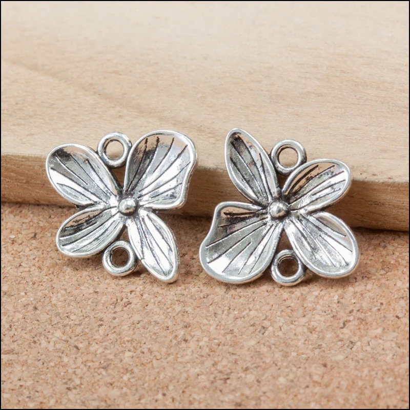 

High Quality 10pcs/lot Ancient Silver Plated Double Hanging Butterfly Flowers Charms Pendants For Necklace Bracelet Charms 20mm