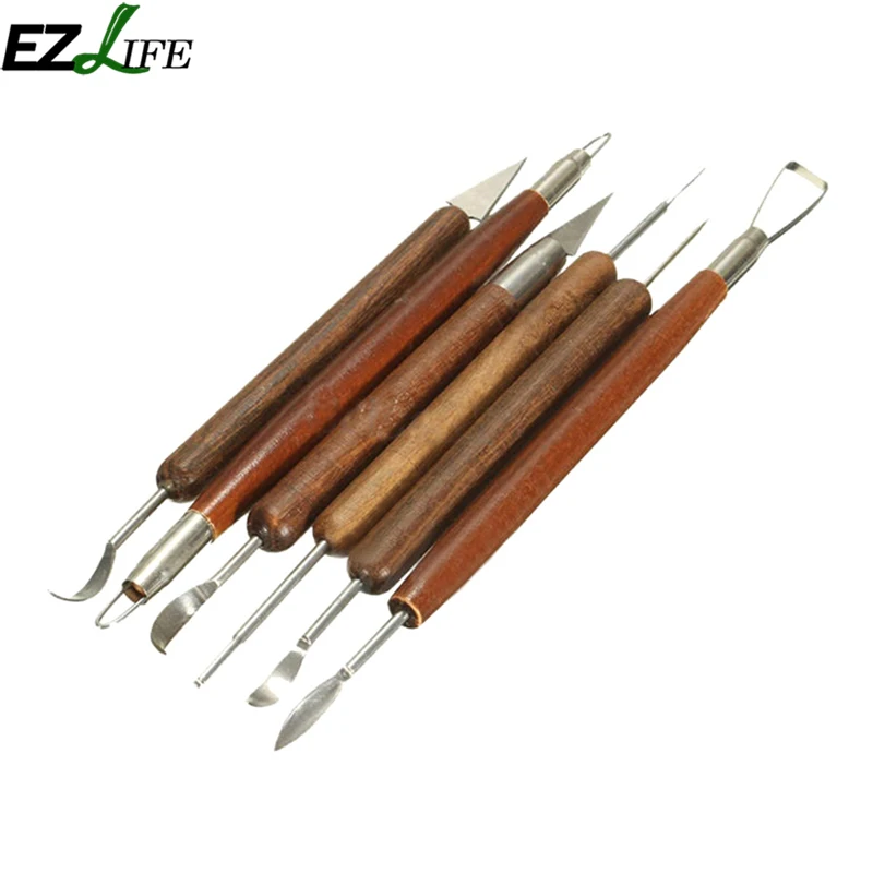 

6PCS Clay tool Wax Carving Pottery Clay Tools Wood Handle Pottery Set Sculpt Smoothing Polymer Modeling Carved Clay Tool LQW2994