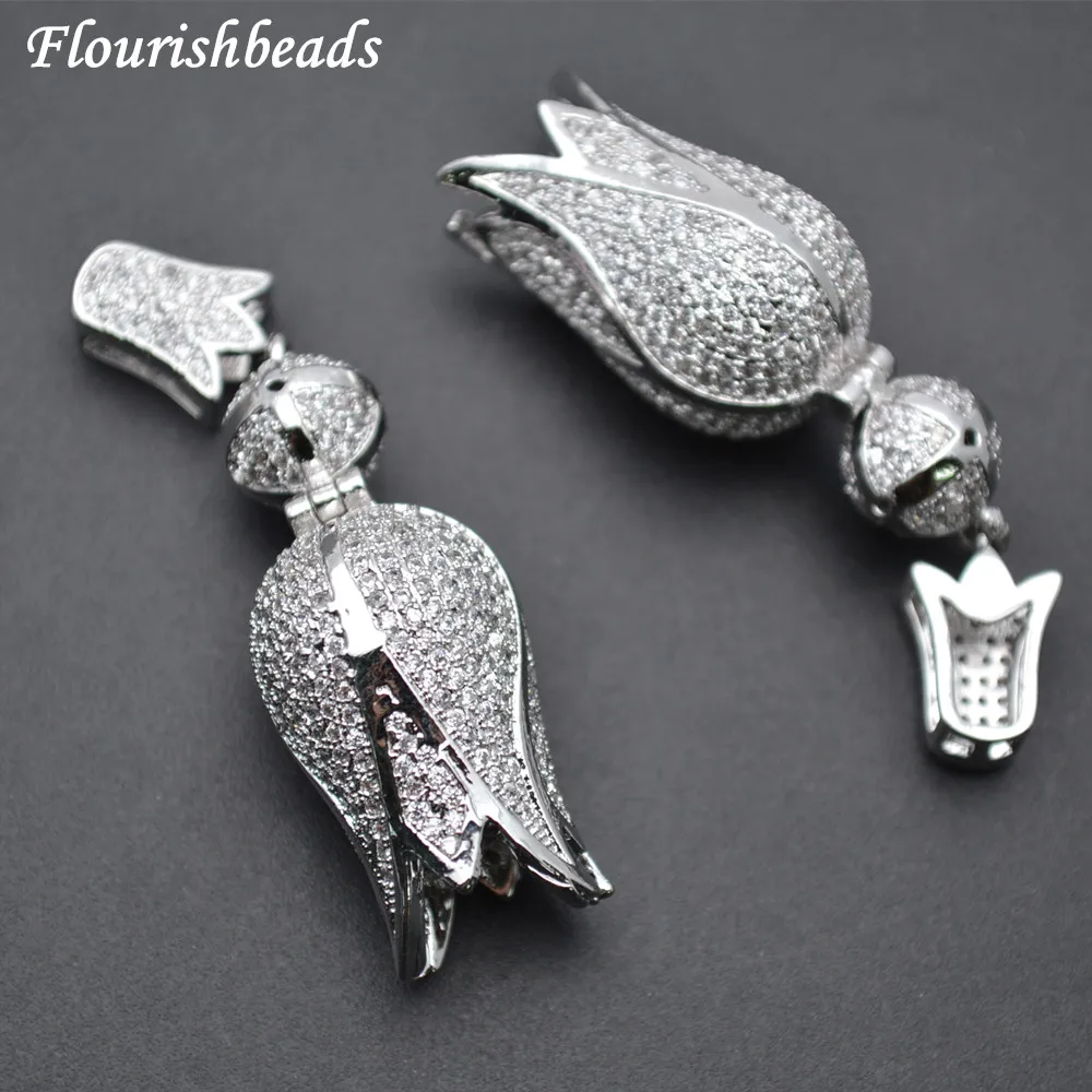 

14X50mm Paved White CZ Beads Tulip Flower Shape Hand Charm Metal Pendant Necklace Links Jewelry Findings
