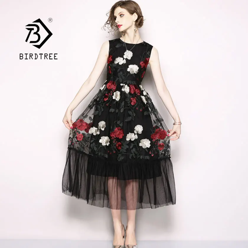 

2019 New Summer Women's Mesh Embroidery Floral Dress Sleeveless O Neck Zipper High Waist Lady Vestido Vintage Hot Sale D94710Z