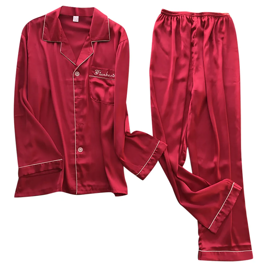 MUQGEW, мужской домашний костюм, пижамы для мужчин, летние, мужские, имитация шелка, пижамы, белье размера плюс, длинный рукав, длинные штаны для сна, набор# G4 - Цвет: Красный