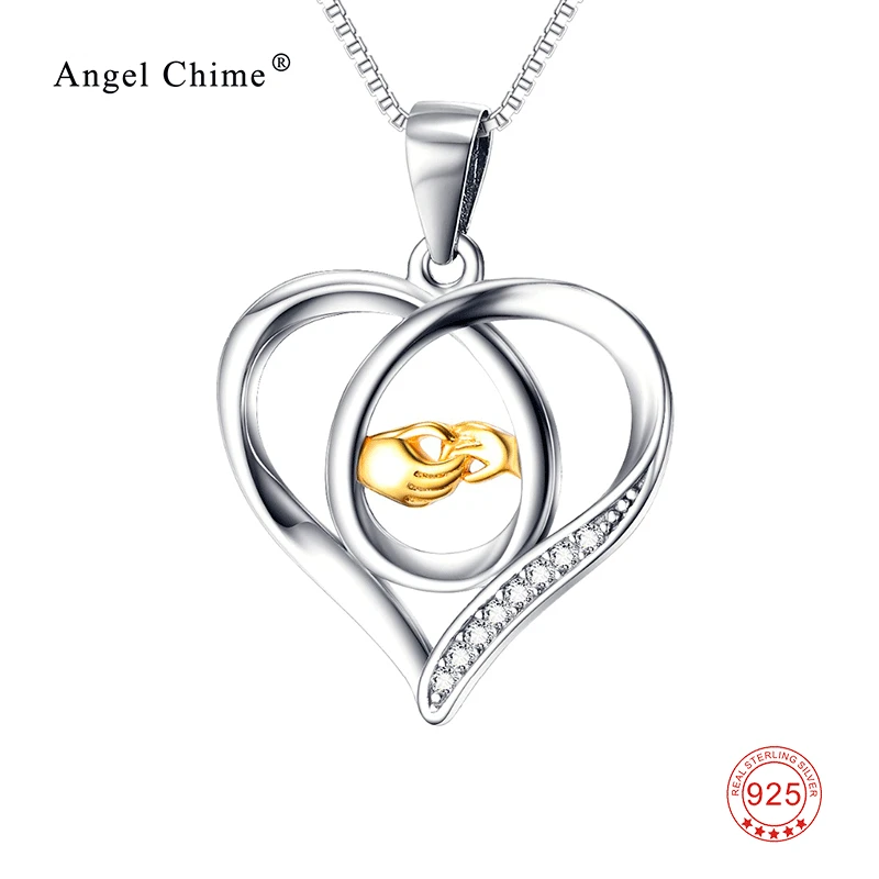 

925 Sterling Silver Necklace Mother & Child Hand In Hand Pendant Statement Necklaces Women Kolye Mother's Day Jewelry Gift