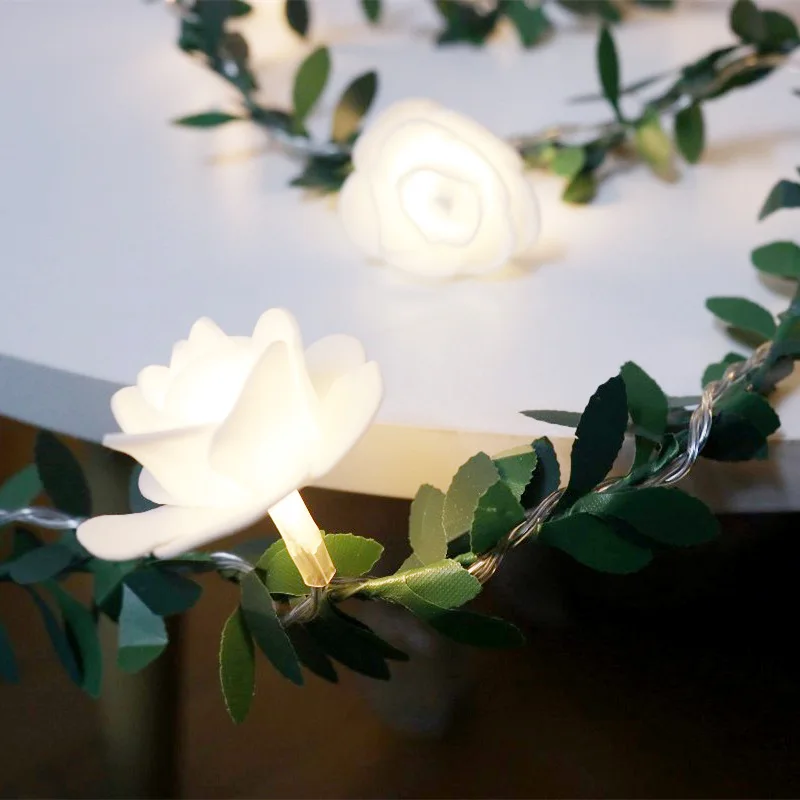 1,5 м 3 м 6 м вьющийся стебель розы с цветами светодиодный гирлянды батарея/управляемый через USB зеленый лист гирлянда с лампочками на День святого Валентина Свадьба Рождество