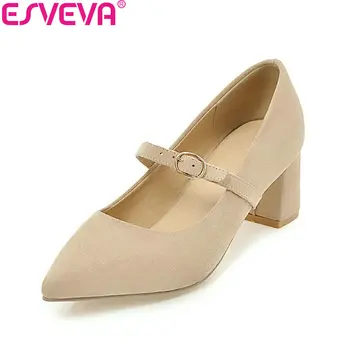 

ESVEVA 2018 Women Pumps Buckle Strap Flock Elegant Spring and Autumn Square High Heels Pointed Toe Pumps Women Shoes Size 34-43