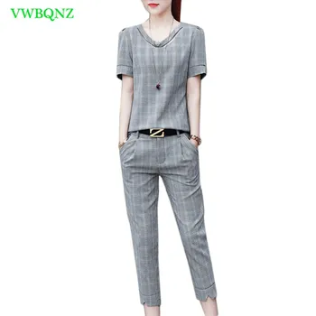 

Korean Short sleeve Set Women Summer Fashion V collar Tops T-shirt+Seven points Pants Two Sets Women's Lattice Casual Sets A316