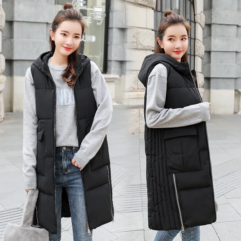 QIMAGE Women Vest Elegant Lady Long Waistcoat Silm Thick Warm Cotton Padded Vest Oversize Female Sleeveless Jacket XXXL