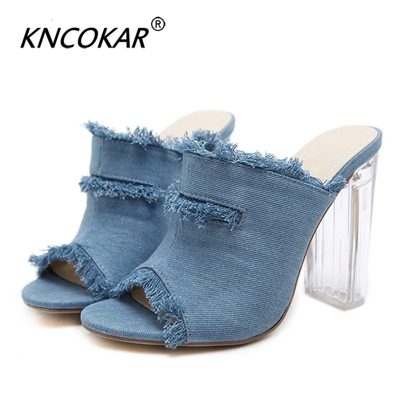 

KNCOKAR 2019Newest High Heel Sandals Ladies Open Toe Fish Mouth Denim Solid Slippers Transparent Chunky Heel Slippers