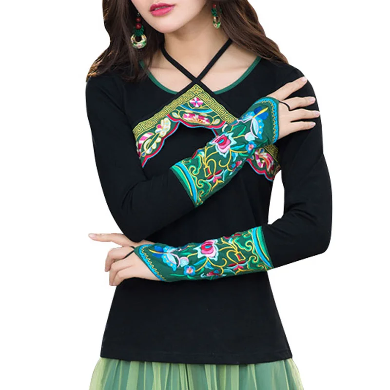 Black Long sleeve Новое осеннее платье китайская женская Yunnan Этническая осенняя и зимняя Ретро Вышивка цветок с длинными рукавами футболка Топ - Цвет: Black Long sleeve