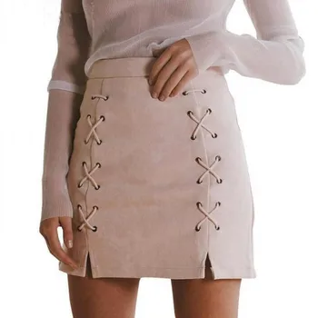 

Autumn lace up leather suede A-Line skirt Winter 2018 cross high waist skirt Zipper split bodycon short skirts womens