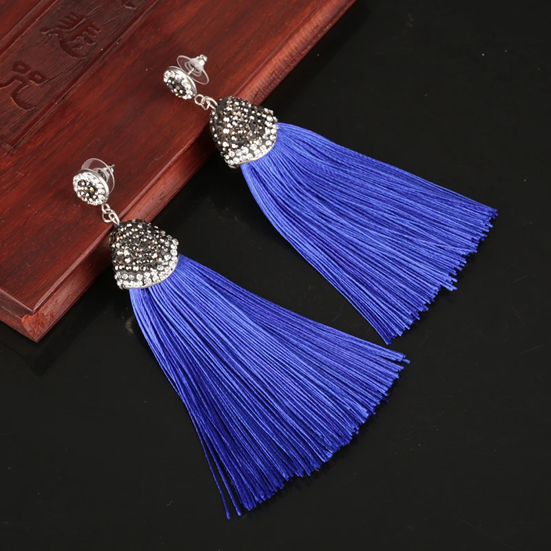 

KEJIALAI 14 Color Vintage Bohemian Crystal Long Silk Tassel Earring Women Rhinestone Charm Stainless Steel Dangle Drop Earrings