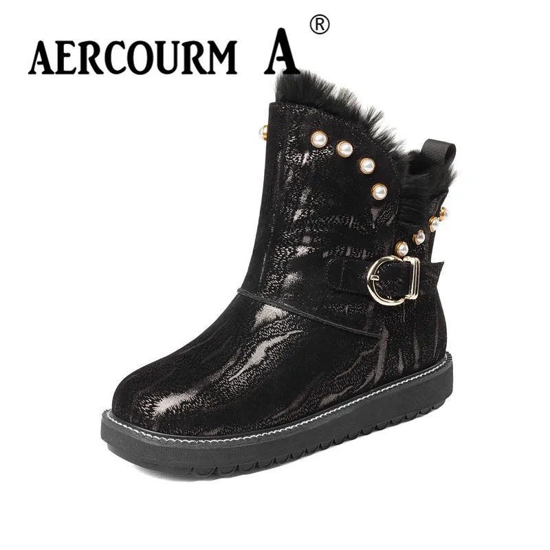 

Aercourm A 2017 Winter Boots Women Winter Snow Shoes Black Rivet Boots Solid Color Genuine Leather Boots Falt Warm Shoes Z968