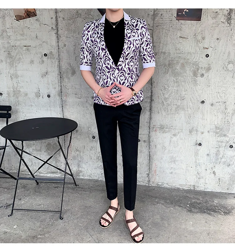 Летние тонкие мужской костюм с блейзером Slim Fit Повседневная куртка костюм с принтом Весте Homme Половина рукава мужской блейзер для ночного клуба Костюмы