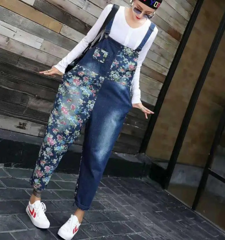 2018 Осенние новые модные брендовые комбинезоны с принтом женские свободные джинсовые комбинезоны Повседневный стиль до щиколотки брюки