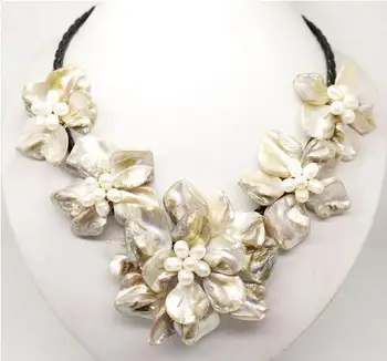 

Fashion Mop jewelry white baroque mother of pearl shell flower necklace 16"