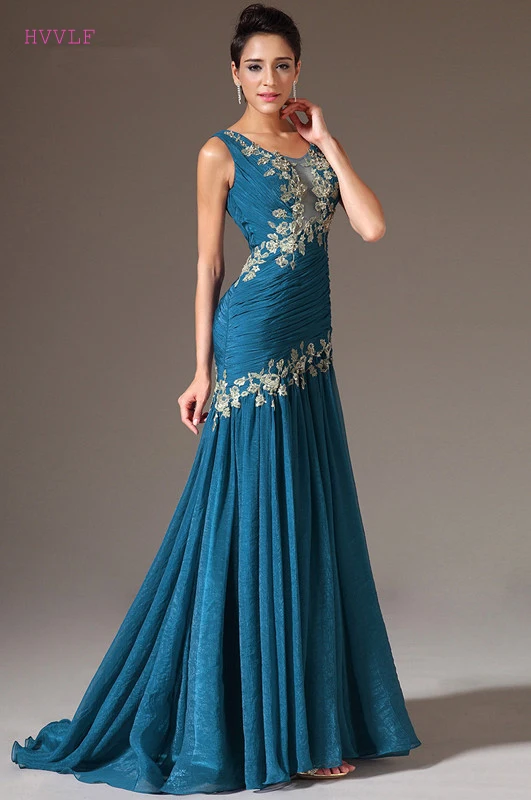 

Blue Evening Dresses 2019 Mermaid Chiffon Appliques Beaded See Through Plus Size Long Evening Gown Prom Dresses Robe De Soiree