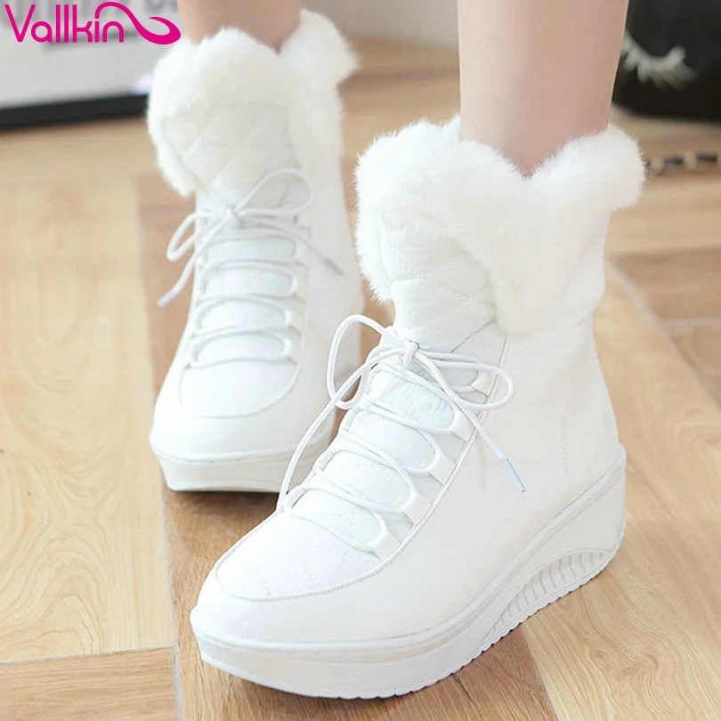 VALLKIN White Ankle Boots Fur PU leather+Down Lace Up Wedge Low Heel Boots Women Snow Boots Wedding Snow Boots Size 35-40