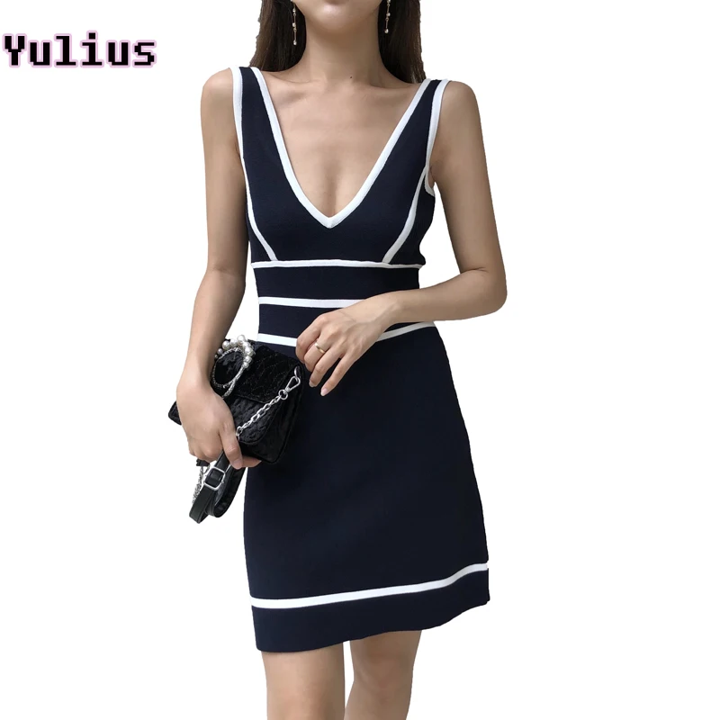 

Fashion Stripe Knitted Mini Dress Female Sleeveless Sexy Deep V-Neck Backless Party Dresses for Women 2019 Summer Wrap Dress