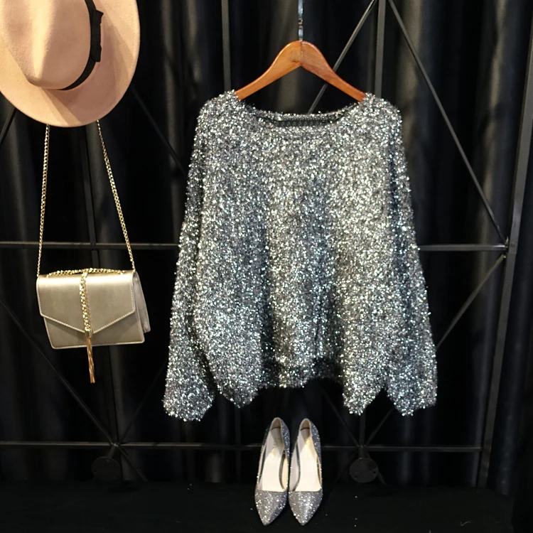 

2019 New Fashion Autumn and Winter Women's Round Collar Long Sleeve Loose Knitwear Bright Silk Sequins Pullover Sweaters Tops