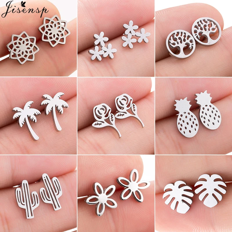 

Jisensp Vintage Geometric Plant Stud Earrings for Women Stainless Steel Jewelry Earings Small Earrings Boucle d'oreille Femme