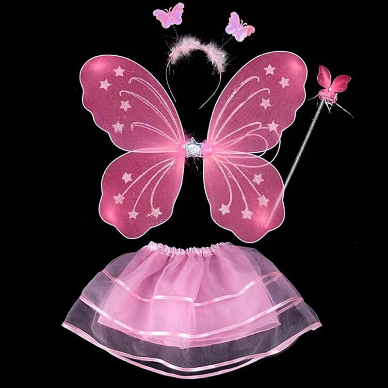 Новинка; Лидер продаж; комплект из 4 предметов; Детский костюм принцессы феи; юбка-пачка с крыльями бабочки; повязка на голову - Цвет: Розовый