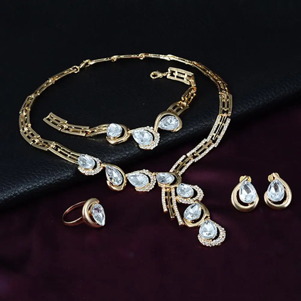 

Fashion Women Rhinestone Water Drop Ear Studs Ring Bracelet Necklace Jewelry Set party engagement indian Jewelry Set hot