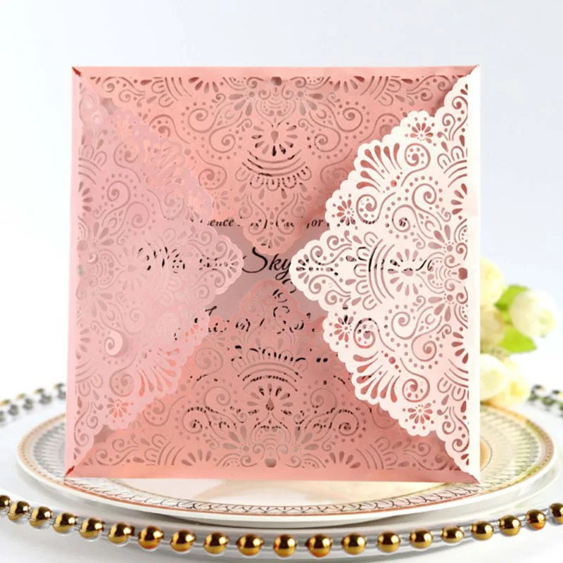 10pcs/lot Square Wedding Invitations White Pink Navy blue Laser Cut Wedding Invitation Card Event Party Decorations
