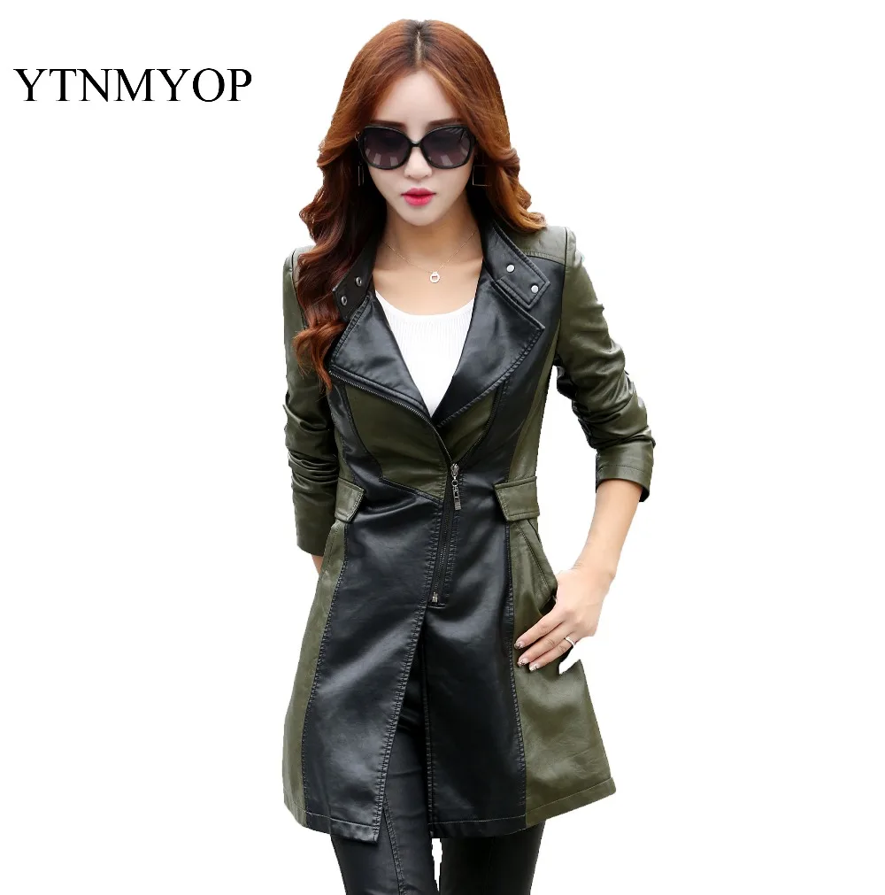 Тренч Женский кожаный армейский зеленый длинный на молнии модный 2019|women's leather