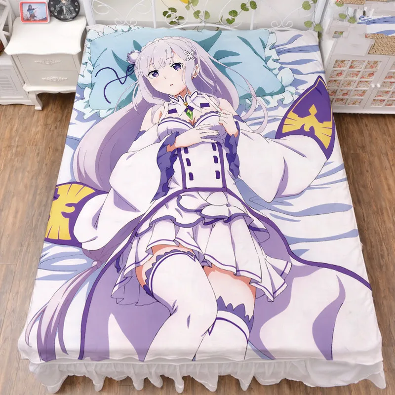 New update Anime Re Zero kara Hajimeru Isekai Seikatsu sexy girl character Emilia Bed sheet Throw Blanket Bedding Coverlet Cosplay Gifts Flat Sheet
