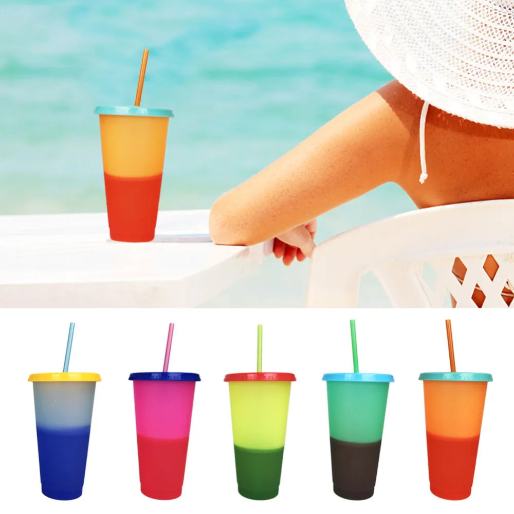 5pcs/set Cup Portable Lightweight Small Mug Home Office Drinking Picnic Seven Color Kids Outdoor Plastic Change Color 700ML