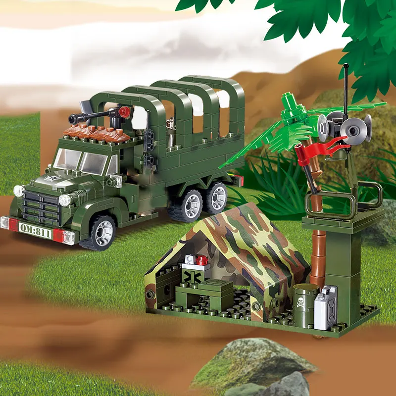 

Enlighten 811 Military Series Army Truck with Soldiers Combat Zones Educational Building Blocks Toys For Children Kids Gifts