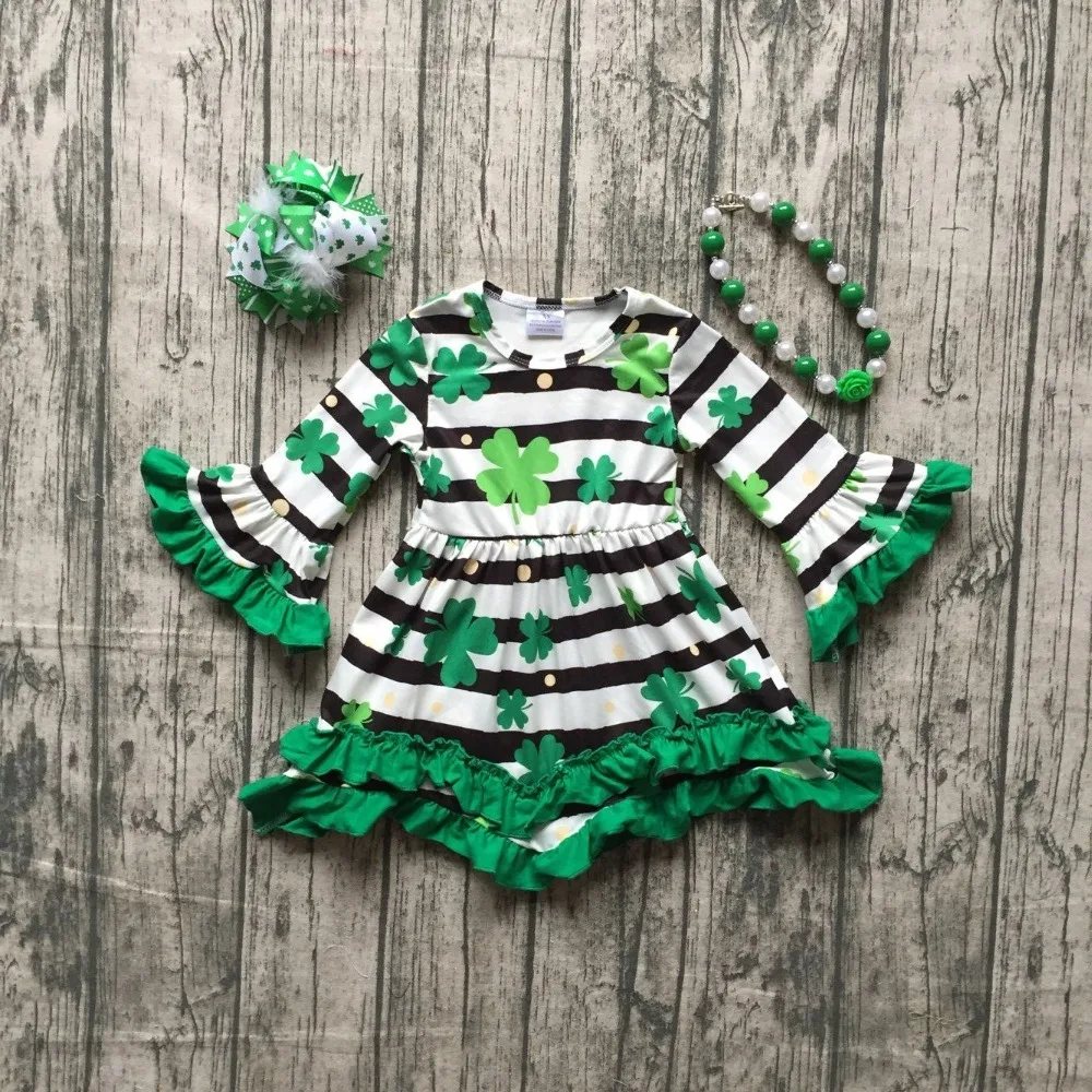 

St.Martin's day girls baby children clothes cotton spring stripe green ruffles Shamrocks dress boutique sleeve match accessories