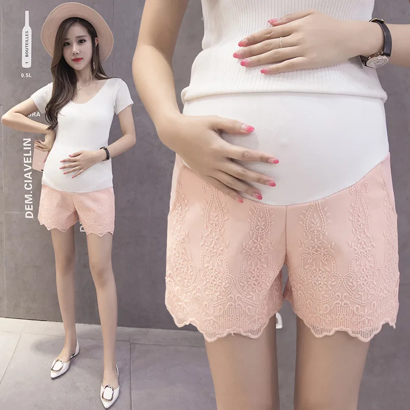 Кружевные шорты для беременных женщин для талии, живота, эластичная короткая Штаны для беременных кружевная Одежда для беременных H158 - Цвет: Розовый
