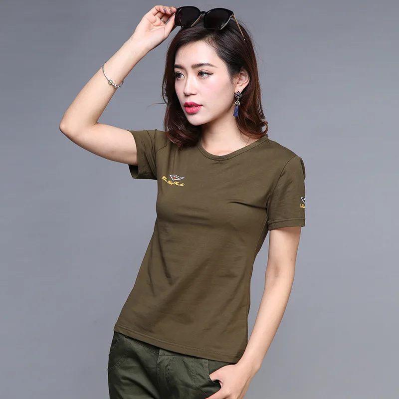 

Comfortable Pure Cotton Short Sleeve T-shirt Women Round Neck Tees Tops Army Green Tactical Undershirt Clothes Bottoming Shirt