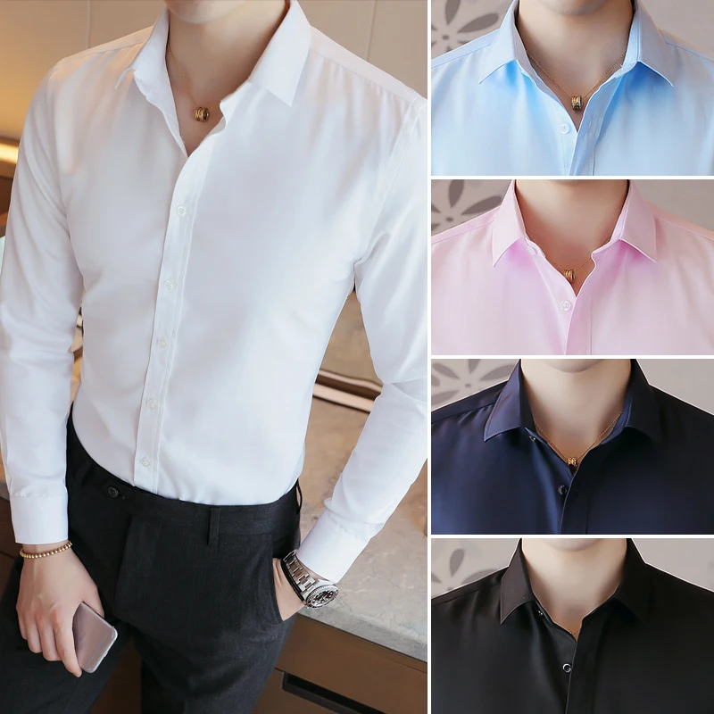 FuyBill Однотонная рубашка с длинным рукавом мужская Корейская Молодежная однобортная полиэстер тонкая деловая Повседневная Однотонная рубашка