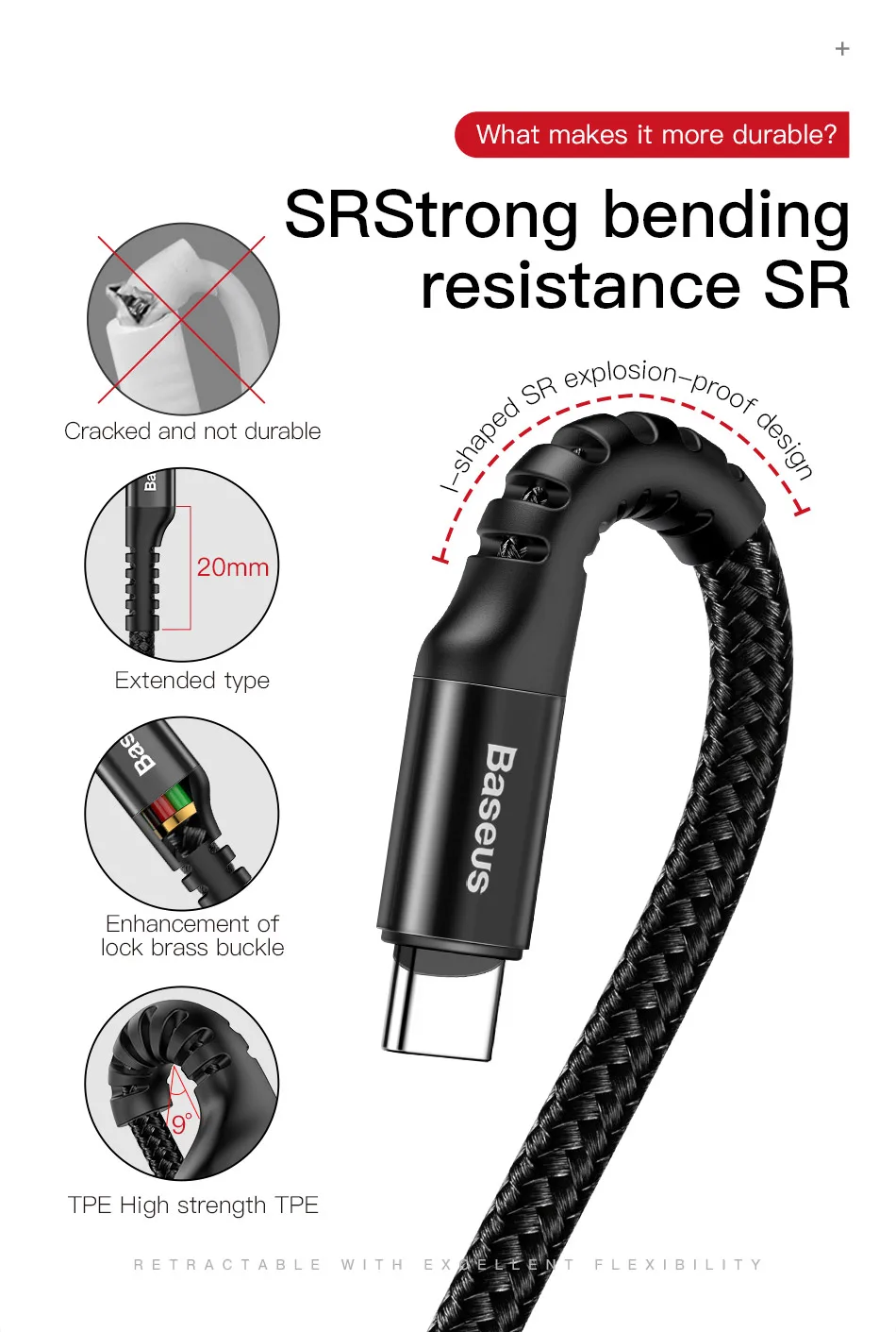 Выдвижной пружинный usb-кабель Baseus type-C для samsung S10 S9 S8 Xiaomi Mi 9 8 USB-C, быстрое автомобильное зарядное устройство USBC type-C