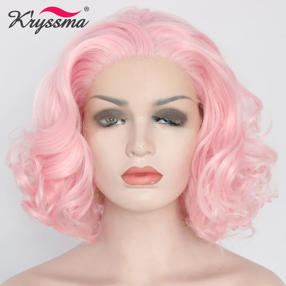 

Baby Pink Wig Short Synthetic Lace Front Wig Wavy Pink Wigs for Women Free Part Bob Wigs for Party Natural Hairline Heat OK