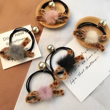 1 шт. резинка для волос для девочек 8-гранная витая с леопардовым принтом; с бабочками; на натуральном кроличьем меху кольцо G0409