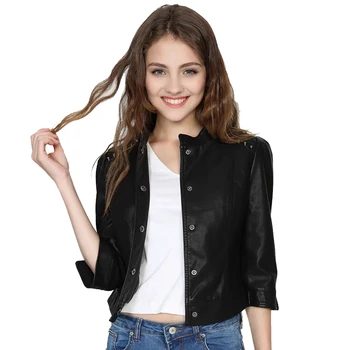 

Rivet Shoulder Jackets Women 2019 Spring-Autumn Short Faux Leather Jacket Ladies Chic 3/4 Sleeve Outfits Girls Slim Black Coats