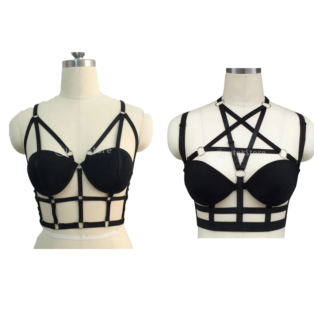 Women's Black Hollow Out Strappy Cage Bra Body Harness Goth Steampunk Costume