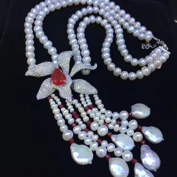 شراءلؤلؤ طبيعي من المياه النقية قلادة قلادة شرابات 925 فضة مع مكعب الزركون قلادة الزهرة غرامة مجوهرات النساء