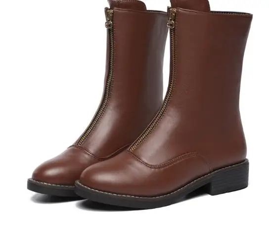 

Women Boots Winter Shoes Mid-Calf Thick Heels Ankle Boots Black Round Toes Zipper Casual Shoes.