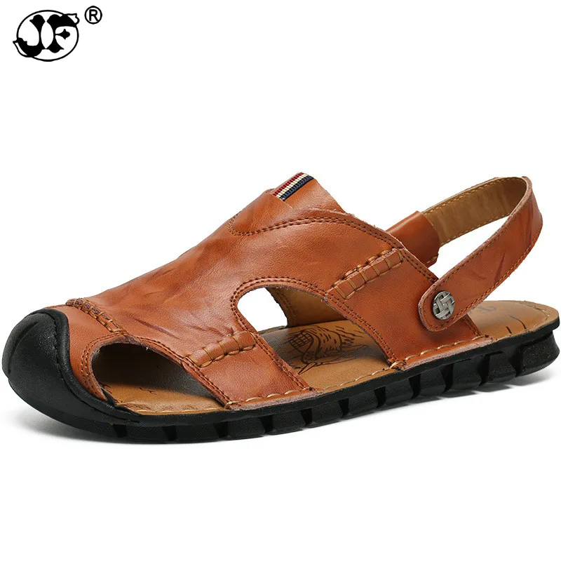 

Summer Men Sandals Handmade Genuine Leather Slippers Two Way Wear Breathable Beach Shoes Soft Hard-Fold Sandalias